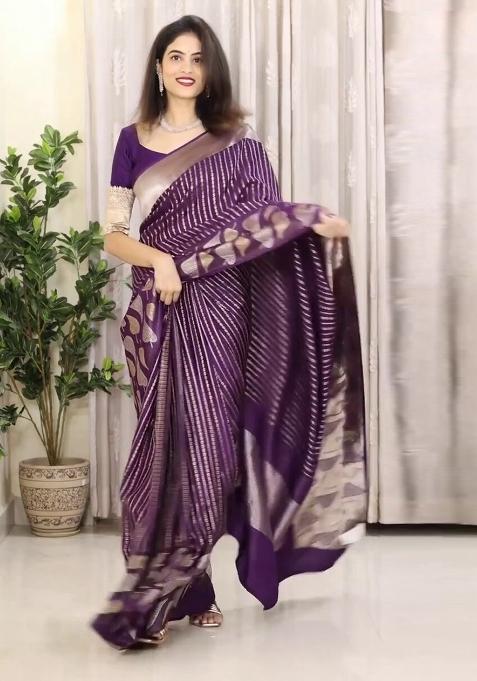 Purple Printed Silk Saree Set