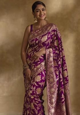 Purple Printed Silk Blend Saree Set