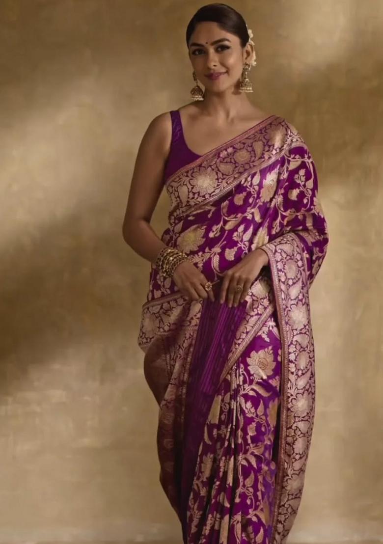 Purple Printed Silk Blend Saree Set - Indya