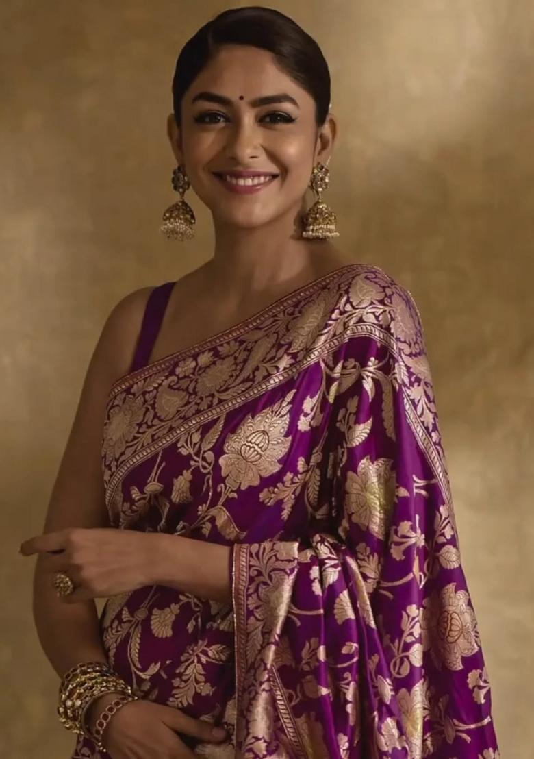 Purple Printed Silk Blend Saree Set - Indya