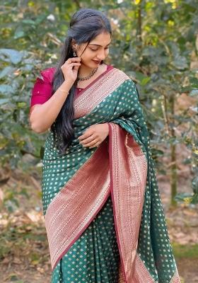 Green Printed Silk Blend Saree Set