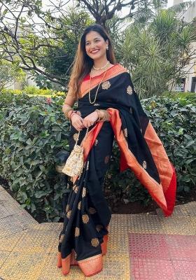 Black Printed Silk Blend Saree Set
