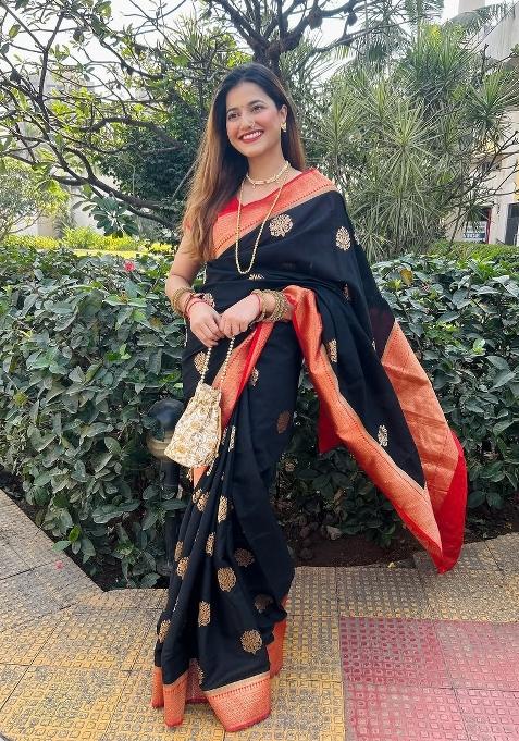 Black Printed Silk Blend Saree Set
