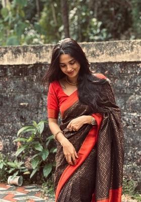 Black Printed Silk Blend Saree Set