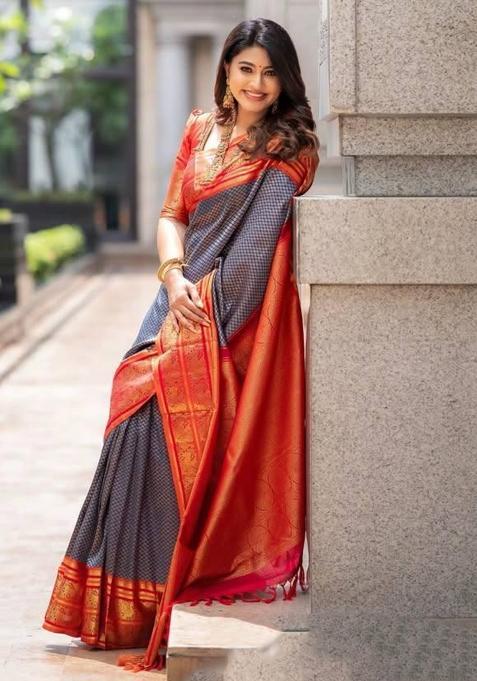 Red Printed Silk Saree Set