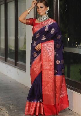 Blue Printed Silk Blend Saree Set