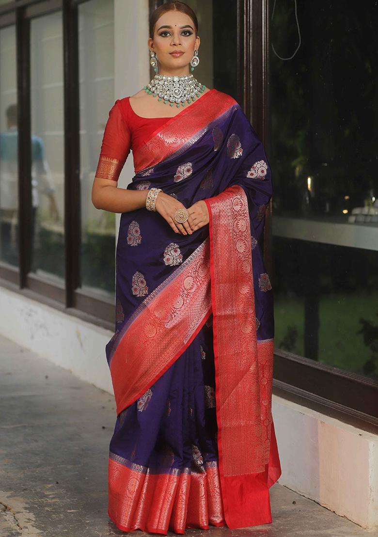 Blue Printed Silk Blend Saree Set - Indya