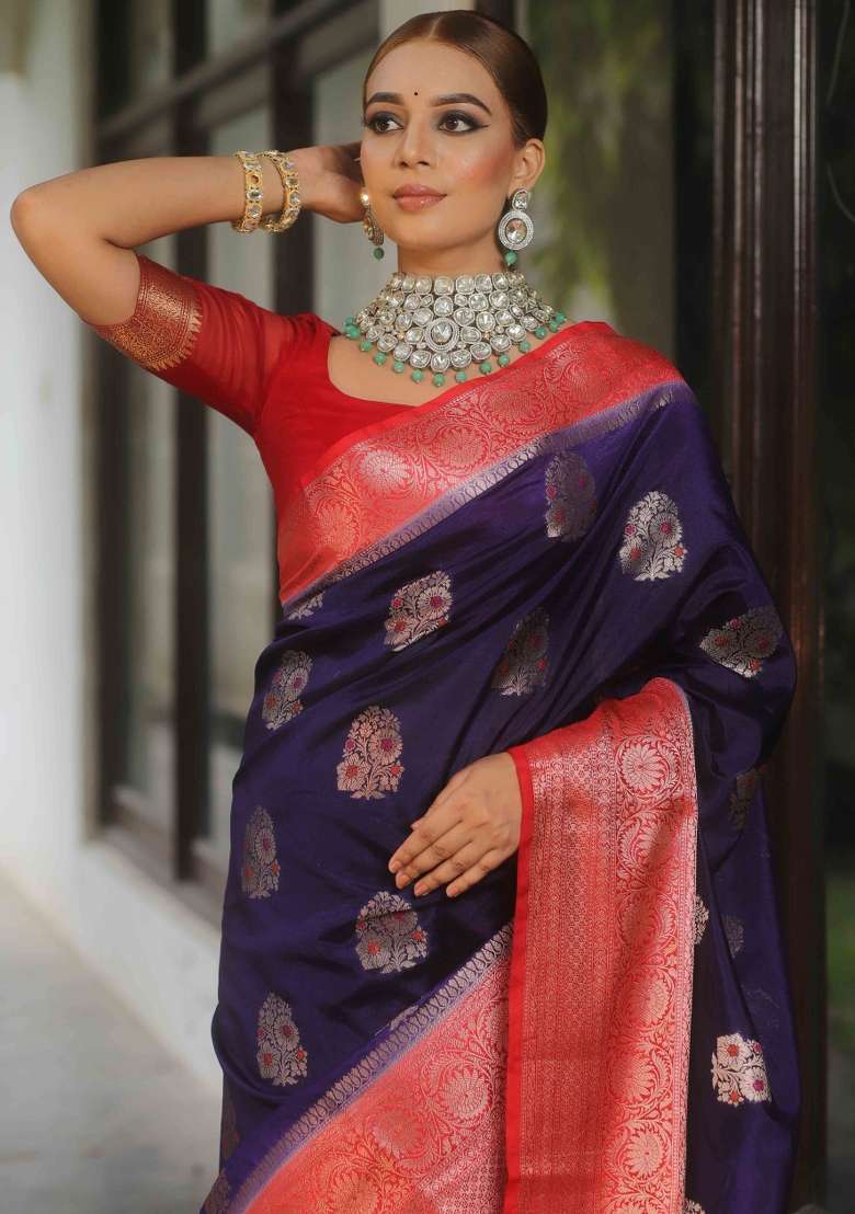 Blue Printed Silk Blend Saree Set for Diwali and Festive Wear - Indya