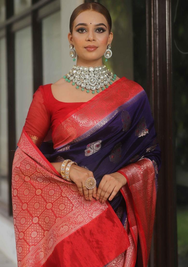 Blue Printed Silk Blend Saree Set - Indya