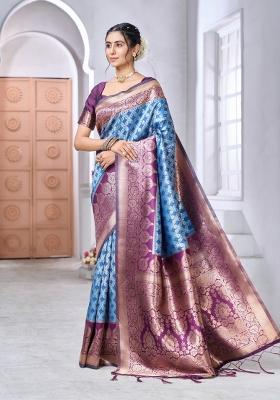 Blue Printed Silk Blend Saree Set