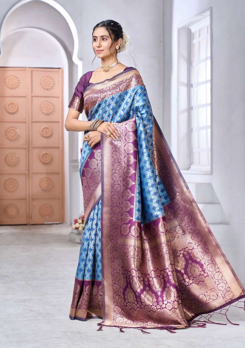 Blue Silk Blend Saree Set with Printed for Diwali | Wedding & Festive Wear - Indya