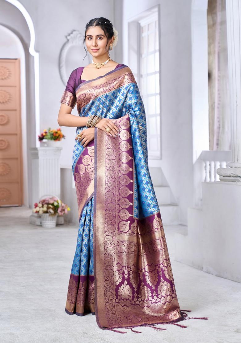 Blue Printed Silk Blend Saree Set - Indya