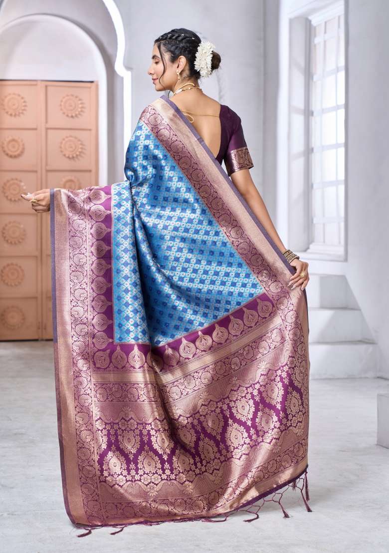 Blue Silk Blend Saree Set with Printed for Diwali | Wedding & Festive Wear - Indya