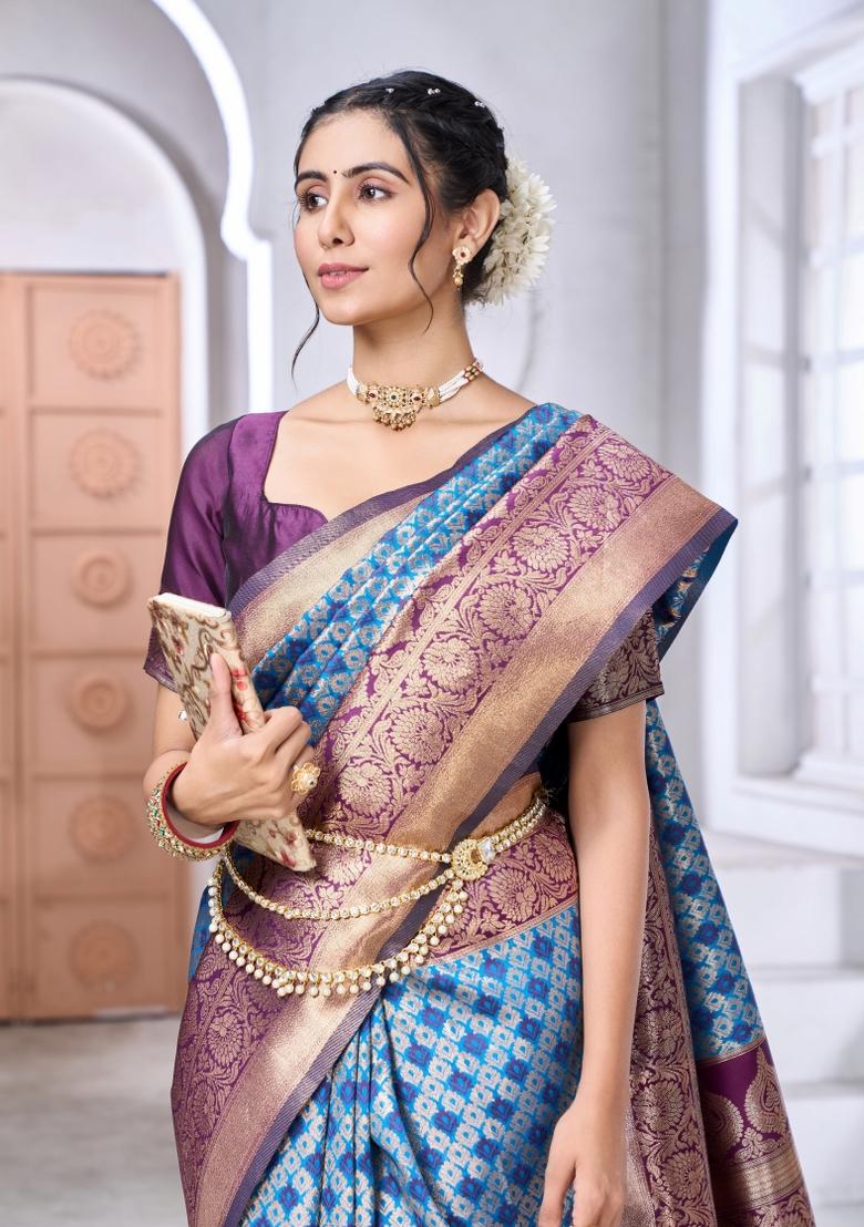 Blue Printed Silk Blend Saree Set - Indya