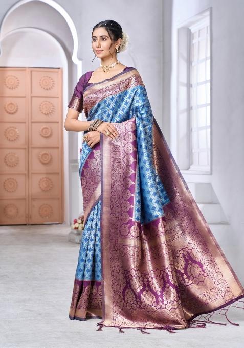 Blue Printed Silk Blend Saree Set
