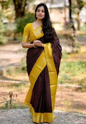 Brown Printed Silk Blend Saree Set