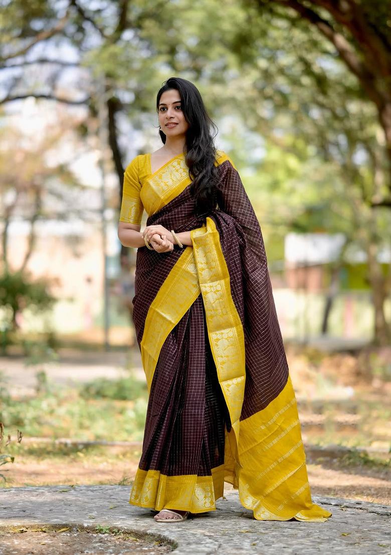 Brown Printed Silk Blend Saree Set - Indya