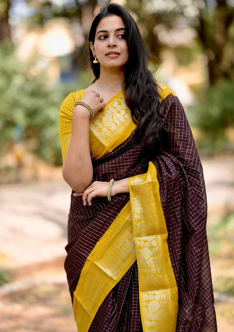 Brown Printed Silk Blend Saree Set - Indya