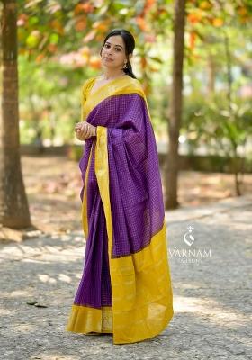 Purple Printed Silk Blend Saree Set