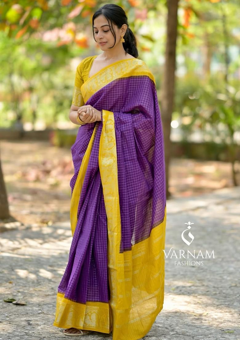 Purple Printed Silk Blend Saree Set - Indya