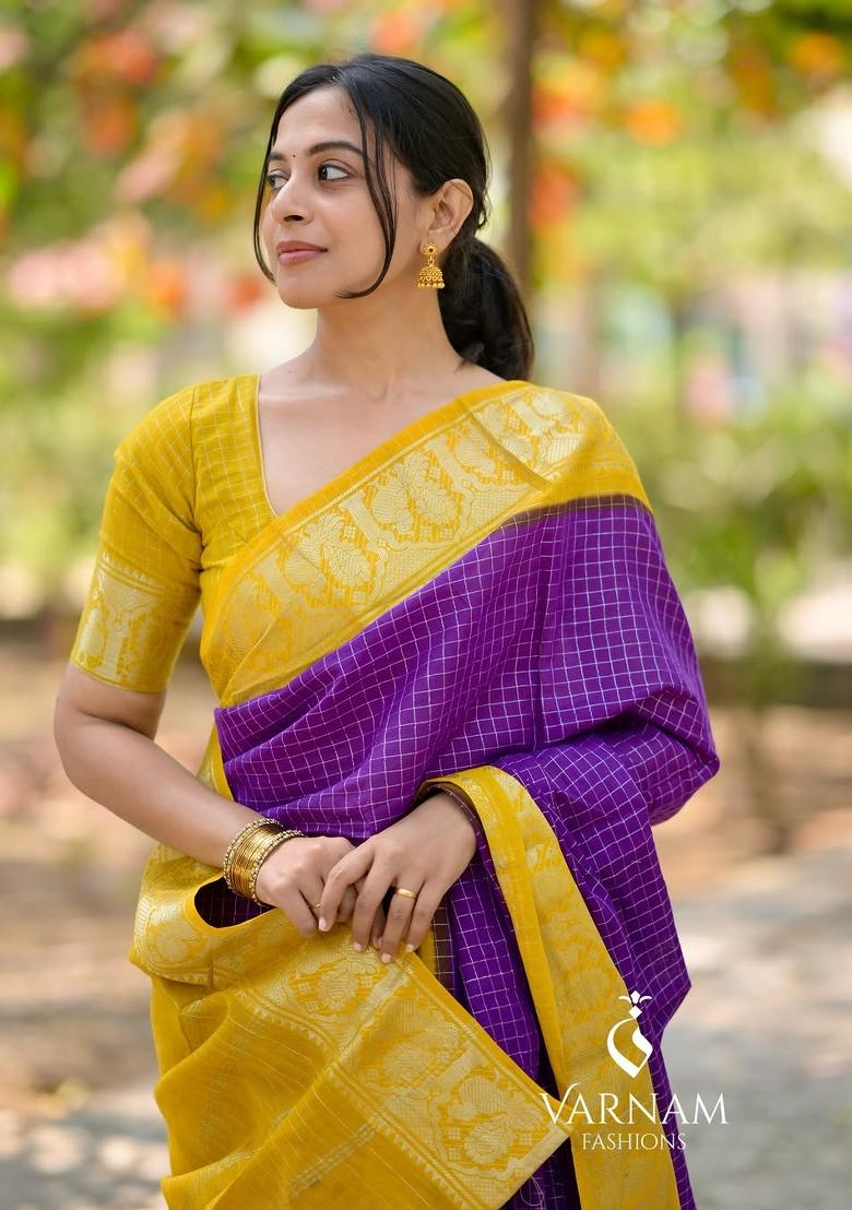 Purple Printed Silk Blend Saree Set - Indya