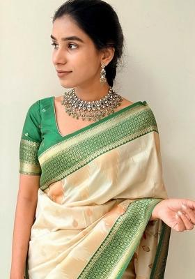 Green Printed Silk Blend Saree Set