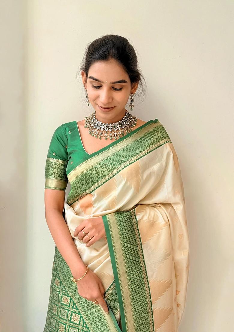 Green Printed Silk Blend Saree Set - Indya