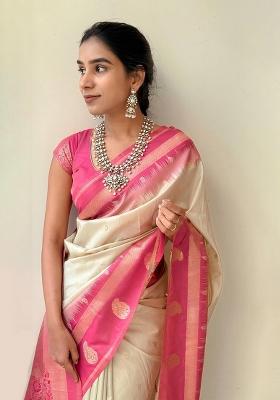 Pink Printed Silk Blend Saree Set