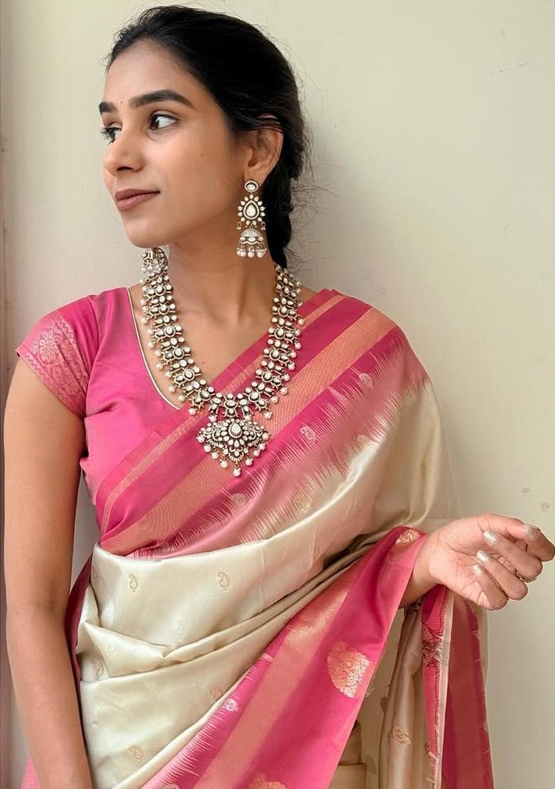 Pink Printed Silk Blend Saree Set - Indya