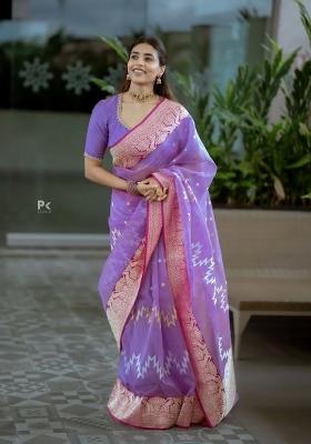 Blue Printed Silk Blend Saree Set