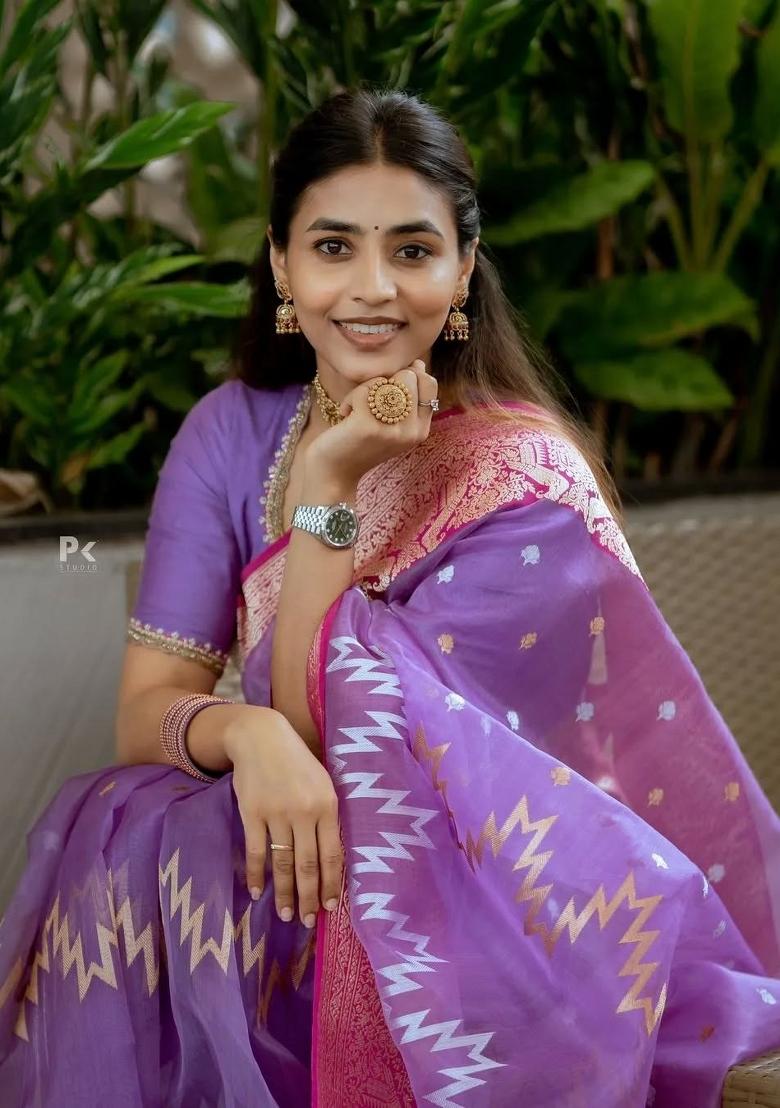 Blue Printed Silk Blend Saree Set - Indya