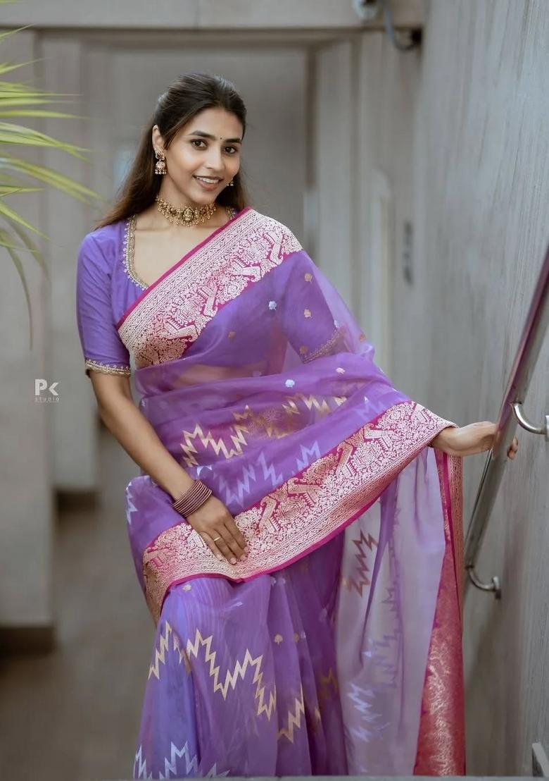Blue Printed Silk Blend Saree Set - Indya