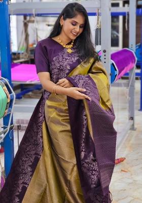 Purple Printed Silk Blend Saree Set
