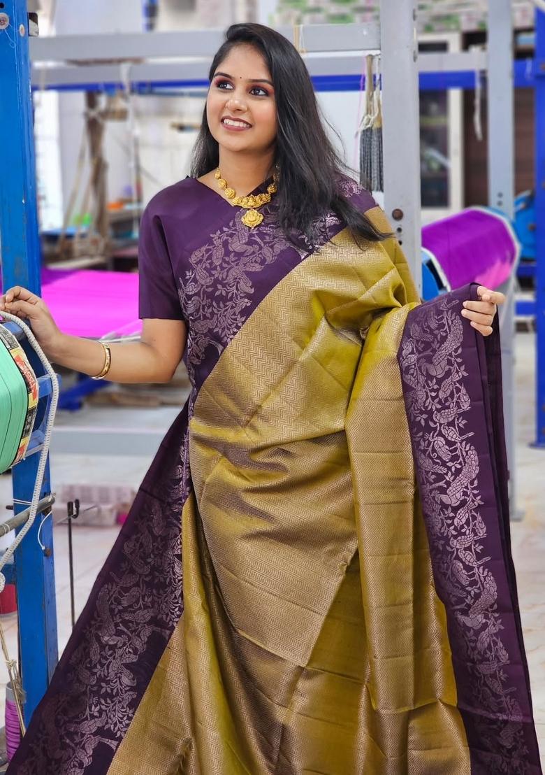 Purple Printed Silk Blend Saree Set - Indya