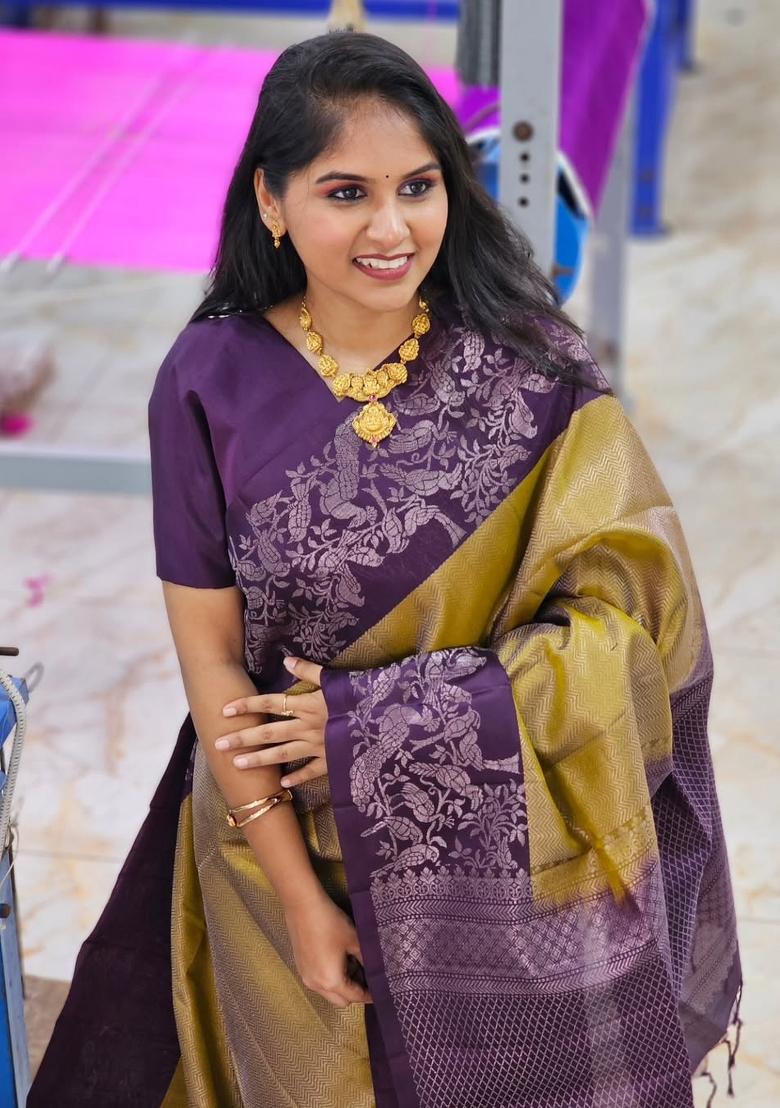 Purple Printed Silk Blend Saree Set - Indya