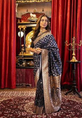 Black Printed Silk Blend Saree Set