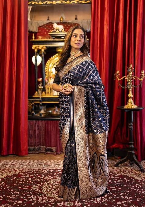 Black Printed Silk Blend Saree Set