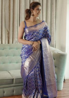 Blue Printed Silk Blend Saree Set