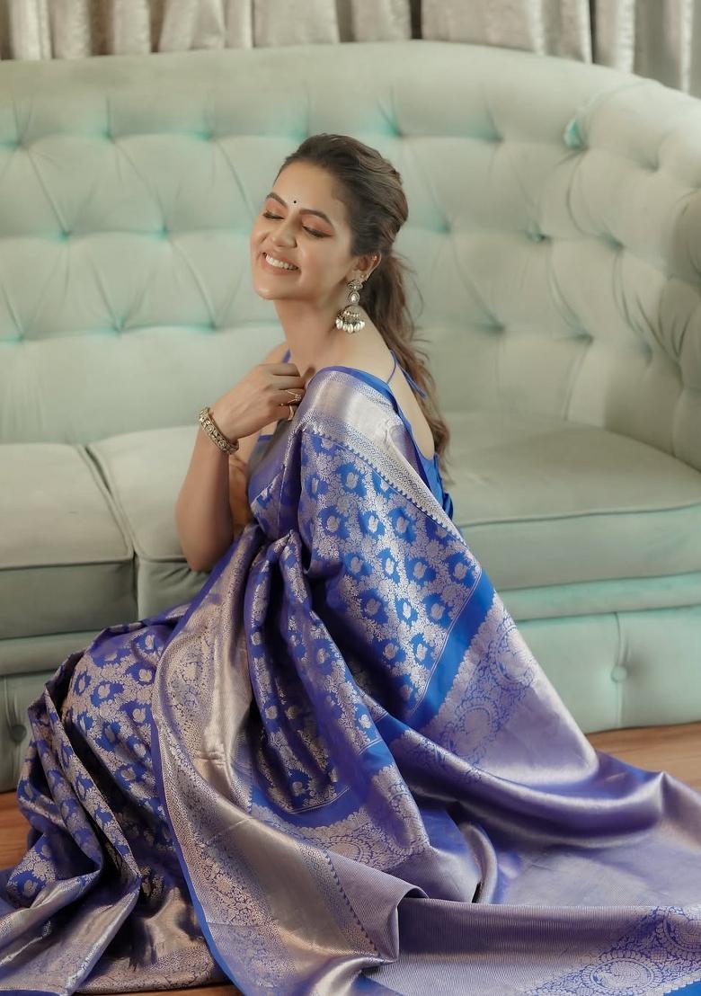 Blue Printed Silk Blend Saree Set - Indya