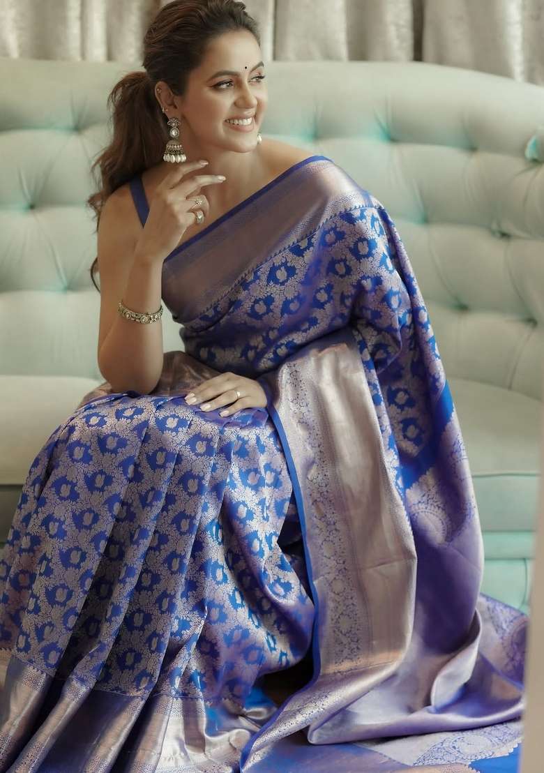 Blue Silk Blend Saree Set with Printed for Diwali | Wedding & Festive Wear - Indya