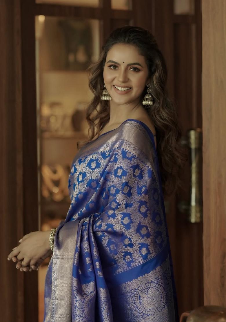 Blue Printed Silk Blend Saree Set - Indya