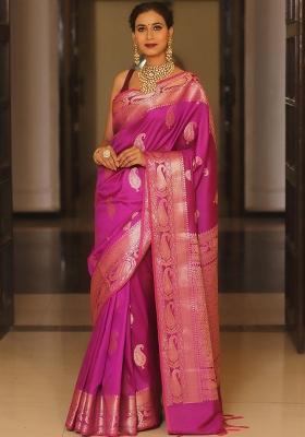 Pink Printed Silk Blend Saree Set