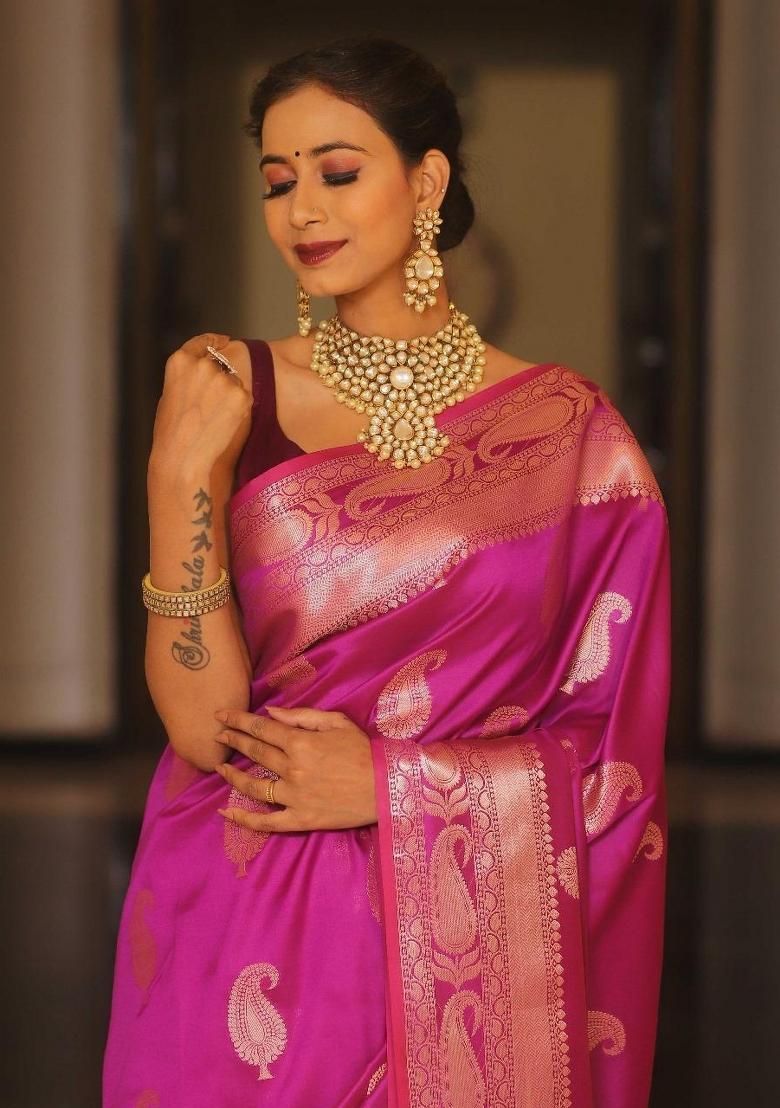 Pink Printed Silk Blend Saree Set - Indya
