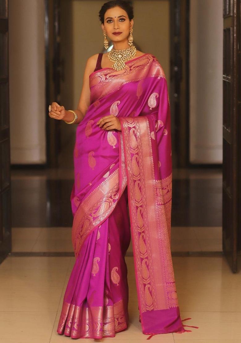 Pink Printed Silk Blend Saree Set - Indya
