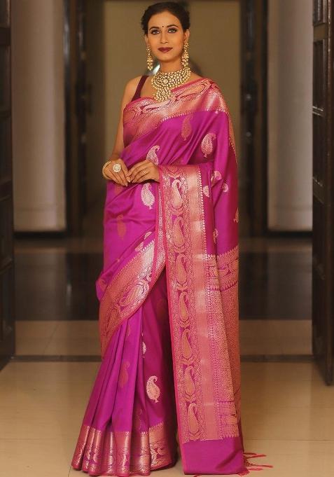 Pink Printed Silk Blend Saree Set
