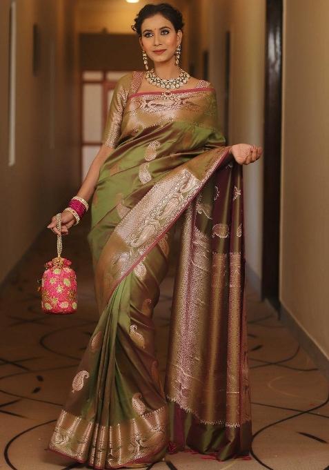 Pista Printed Silk Saree Set