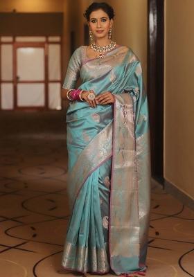 Rama Green Printed Silk Blend Saree Set