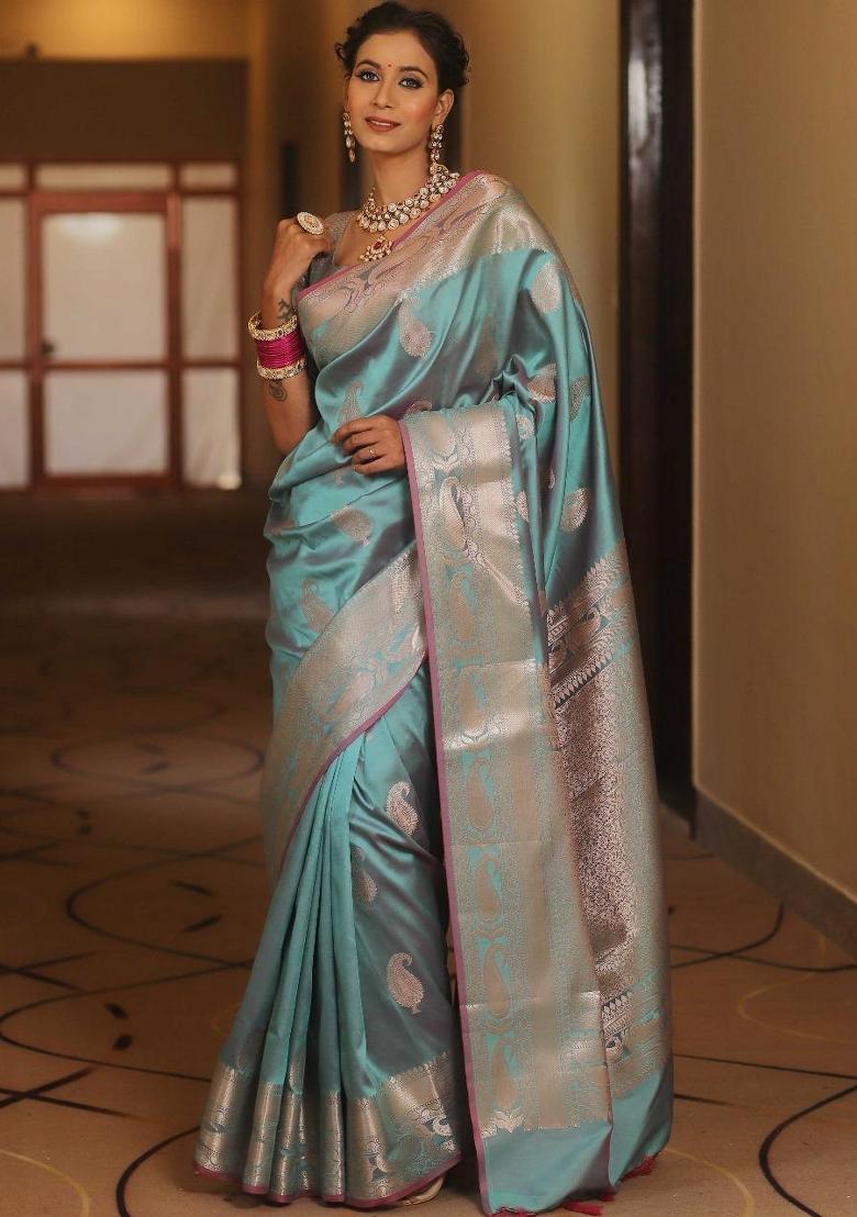Rama Green Printed Silk Blend Saree Set - Indya