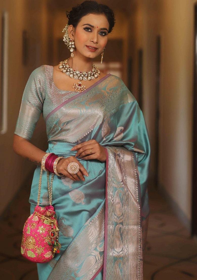 Rama Green Printed Silk Blend Saree Set - Indya