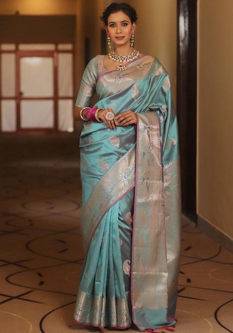 Rama Green Printed Silk Blend Saree Set